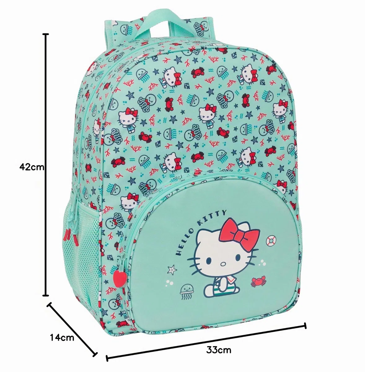 Safta HELLO KITTY SEA LOVERS - Mochila Escolar Niño, Mochila Niño, Mochila Infantil, Adaptable a Carro, Ideal para Niños en Edad Escolar, Cómoda y Versátil, Resistencia, 33x14x42 cm, Color Turquesa