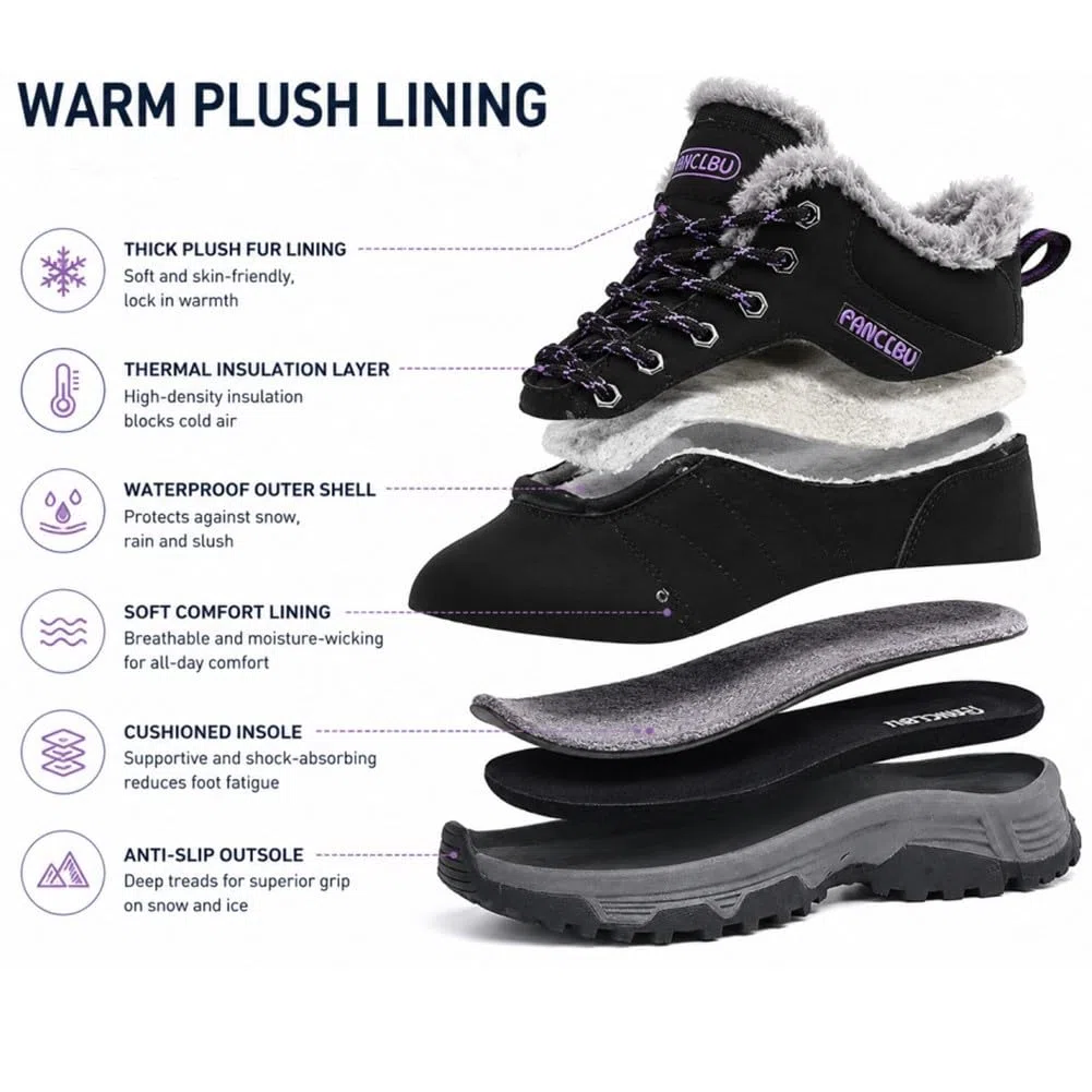 UIKGITP Botas deportivas de invierno impermeables para mujer, botas de nieve con forro de piel, botas de tobillo cálidas sin cordones, elegantes y mullidas para senderismo para mujer