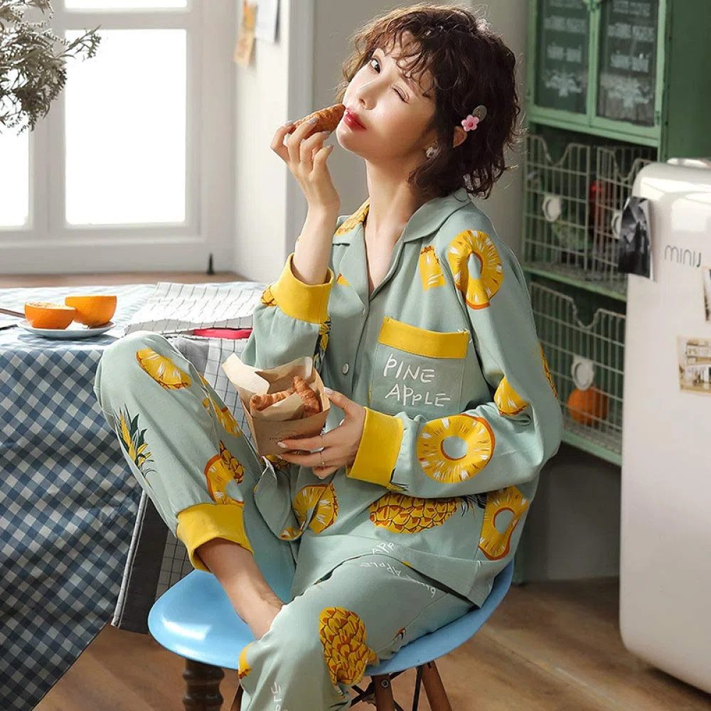 YUHOOE Conjunto De Pijamas De Mujer,Conjunto De Pijama De Manga Larga Algodón Estampado De Piña Lindo Botones Ropa De Dormir Tops & Bottom Pjs Set Nightwear Loungewear For All Seasons, Verde, M