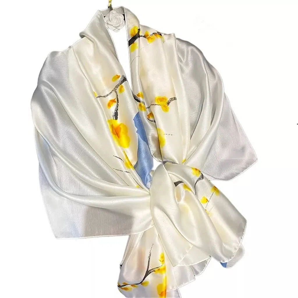 Pañuelo Elegante de Seda con Flores para la Cabeza, Estola de Playa para Mujer, chales y envolturas Vintage, pañuelo para el Cuello, Bandana para Mujer (A 90 x 180 cm)