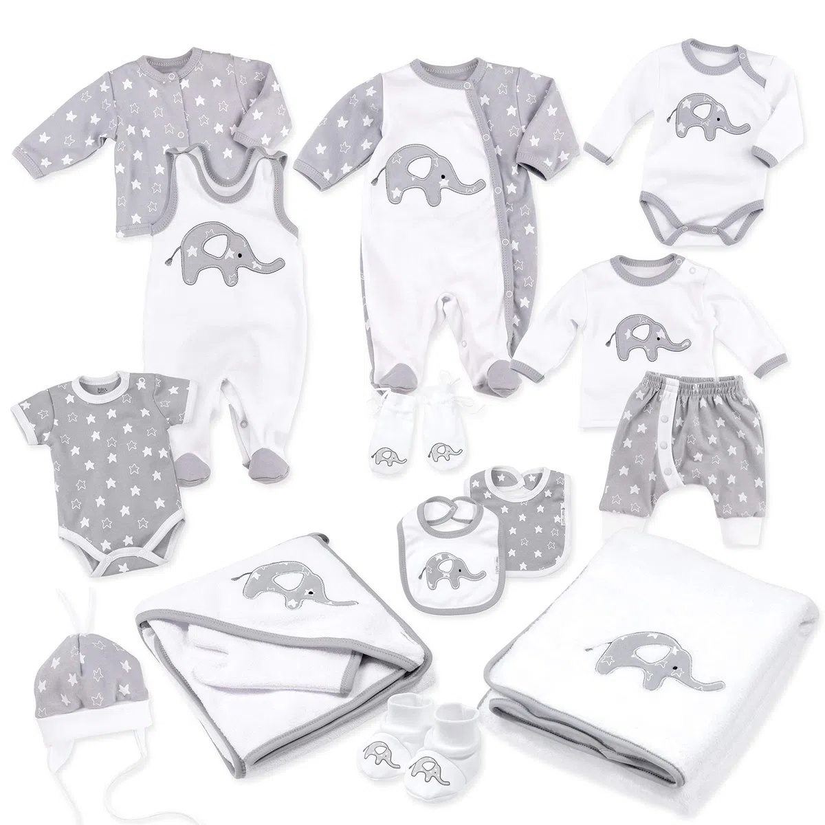 Baby Sweets Baby equipamiento inicial unisex blanco gris Diseño: Little Elephant Juego de 15 piezas para recién nacidos y niños pequeños Tamaño: blanco blanco gris Talla:Newborn (56)