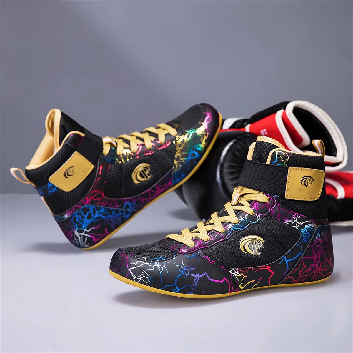 Zapatillas Boxeo Hombre Zapatillas Lucha Libre Ligeras Transpirables con Estampado de Caña Alta para Fitness Levantamiento de Pesas