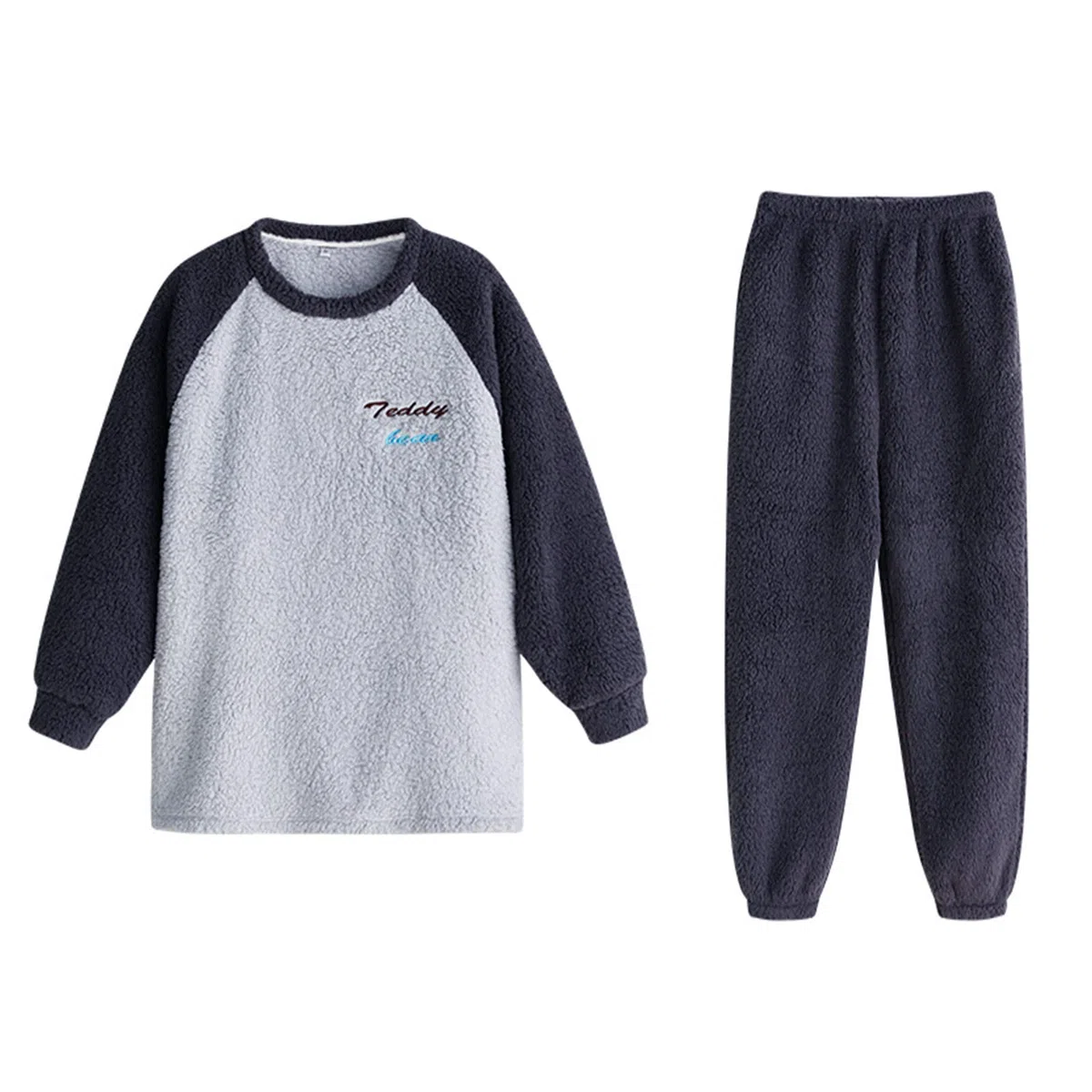 Conjunto de pijama atractivo para mujer, para invierno, otoño, cómodo, cálido, manga raglán, bloque de color, forro polar, suave, transpirable, algodón, pijama, pantalones, ropa de dormir