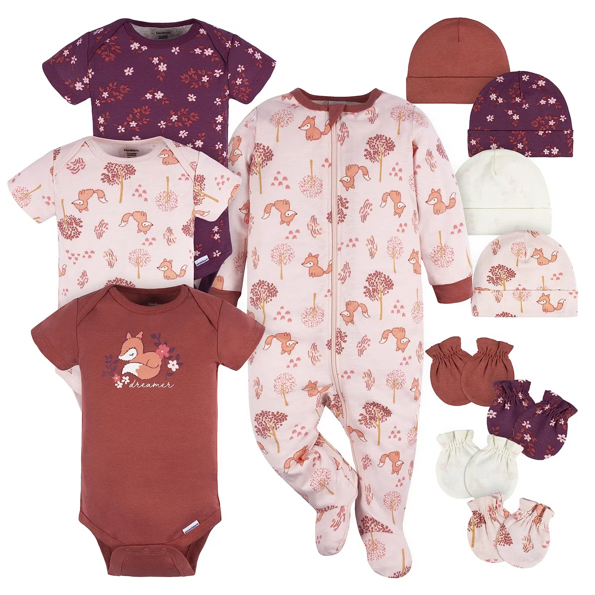 Gerber Boys and Girls 12 Piece Layette Gift Set Conjunto de Ropa de Capa Piezas, Purple Fox, 0-3 Meses (Pack Bebés