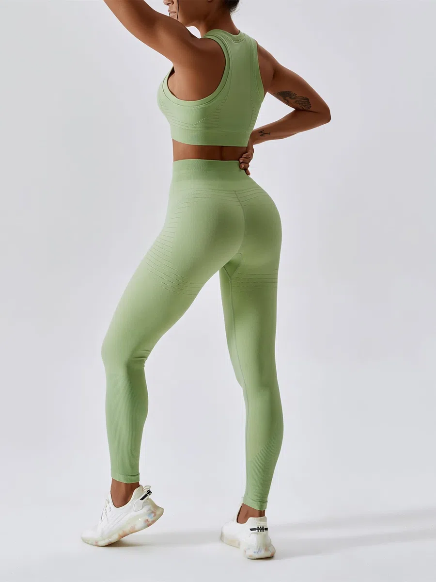 ABOCIW Conjunto de entrenamiento sin costuras para mujer, brasier deportivo de espalda cruzada, camiseta sin mangas, leggings de cintura alta, 2 piezas, trajes de gimnasio y yoga