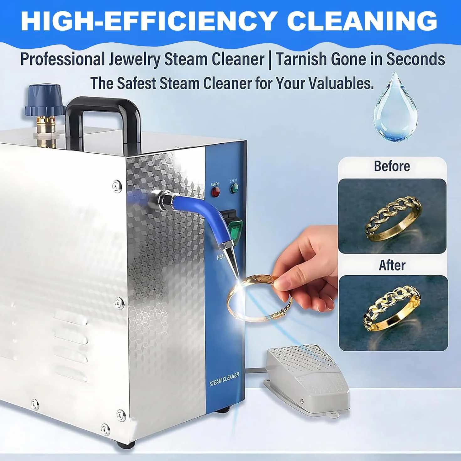 Limpiador de Joyas a Vapor, máquina limpiadora de Joyas a Vapor de Alta presión con Interruptor de Pedal para Joyas de Oro y Plata. 2L