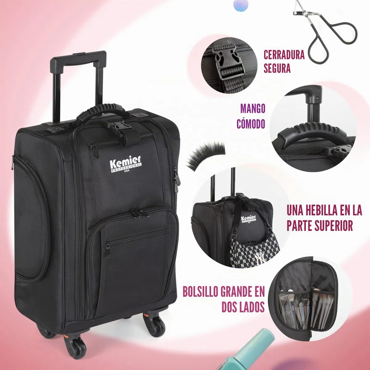 Organizador de Cosméticos Portable, Estuche de Maquillaje con Ruedas de Nylon Suave con Bolsos, Negro