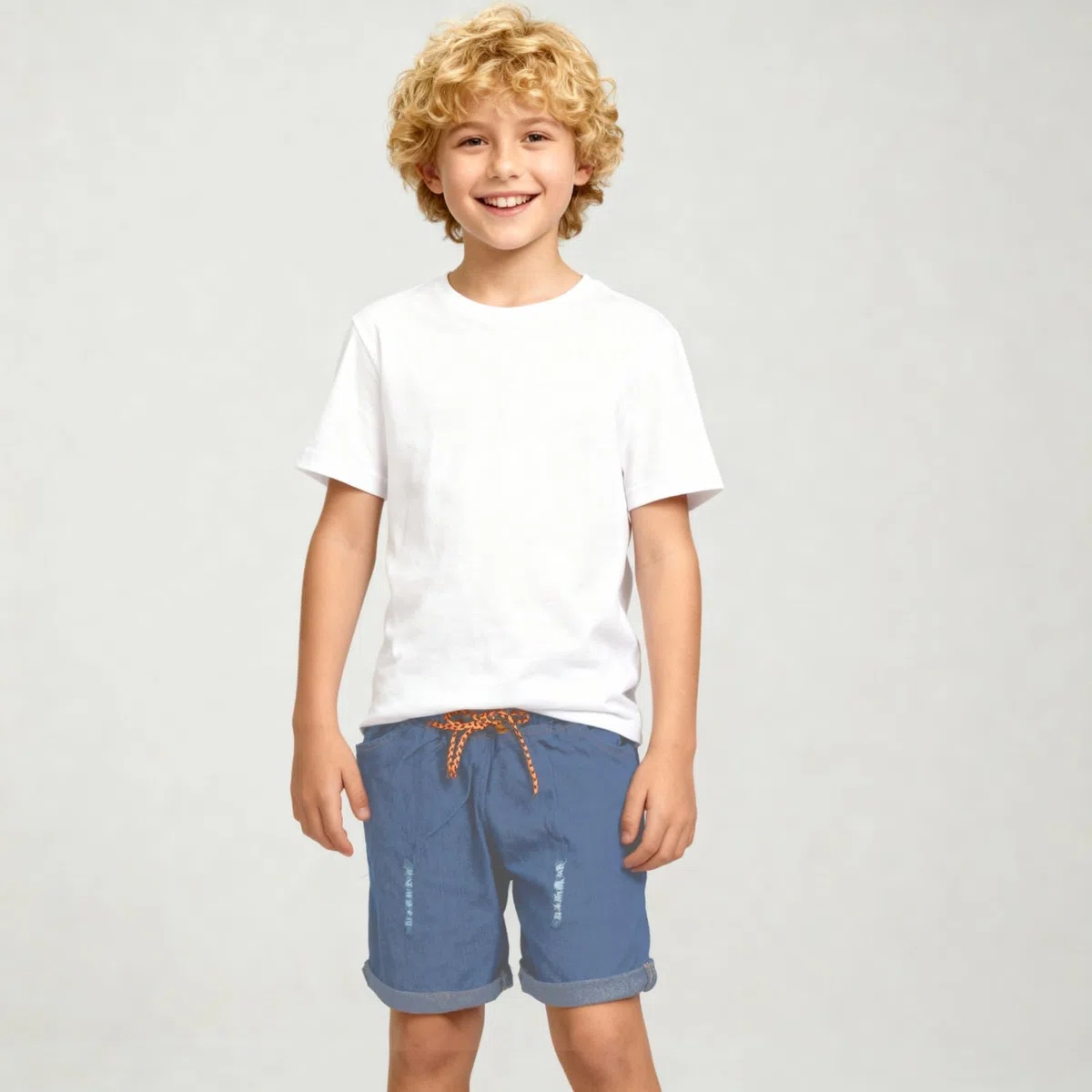 A.T.U.N. (ALL THINGS UBER NICE) Elegantes pantalones cortos de mezclilla para niños hasta la rodilla, aspecto elegante lavado, uso diario de moda casual con cordón en la cintura y dobladillo plegado