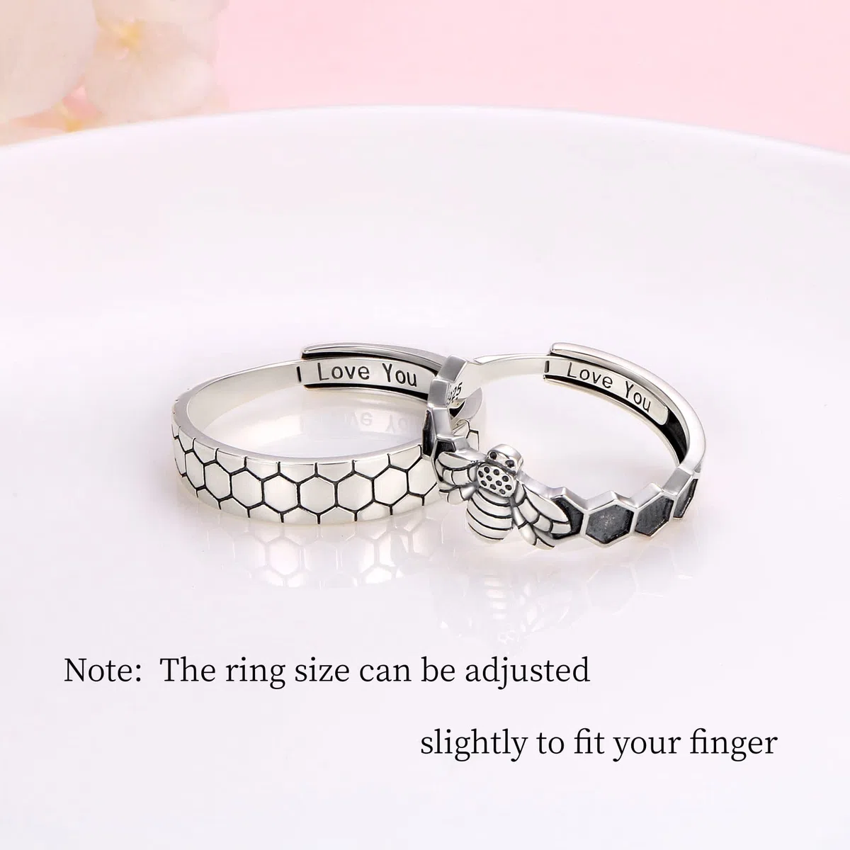 Juego de anillos de pareja de panal de abeja, plata de ley 925, bonito anillo de combinación de animales para parejas, grabado "I Love You", anillo de compromiso ajustable para él y para ella