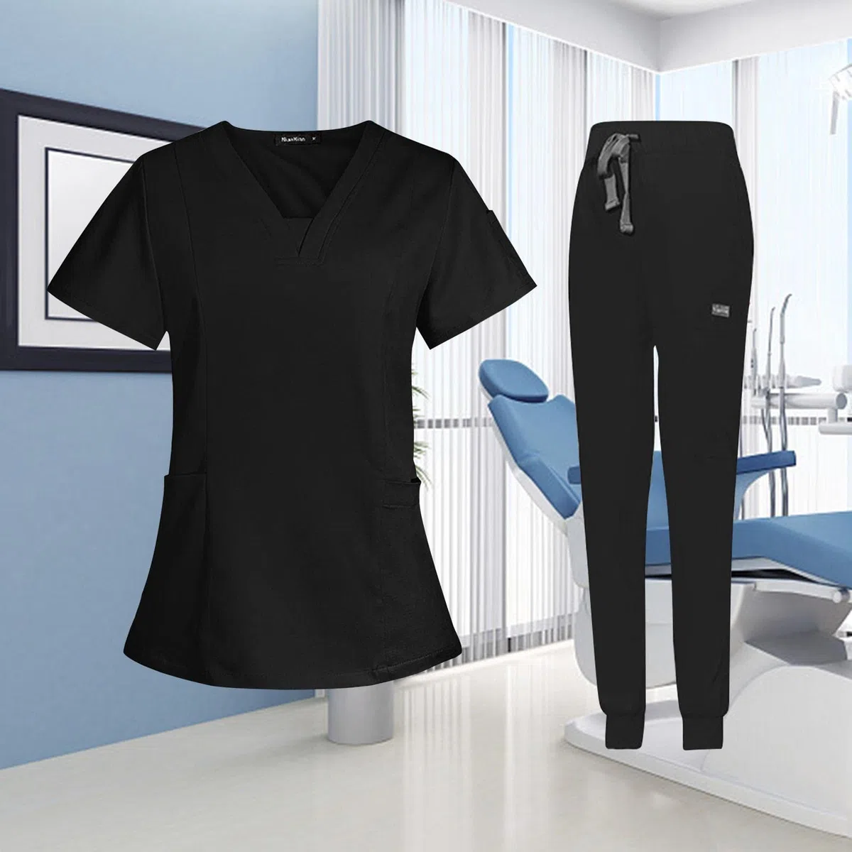 #N/A/a Conjunto de Uniforme Médico para Mujer, Traje Cómodo Lavable a Máquina con Escote en V para Salón de Belleza, Negro, M