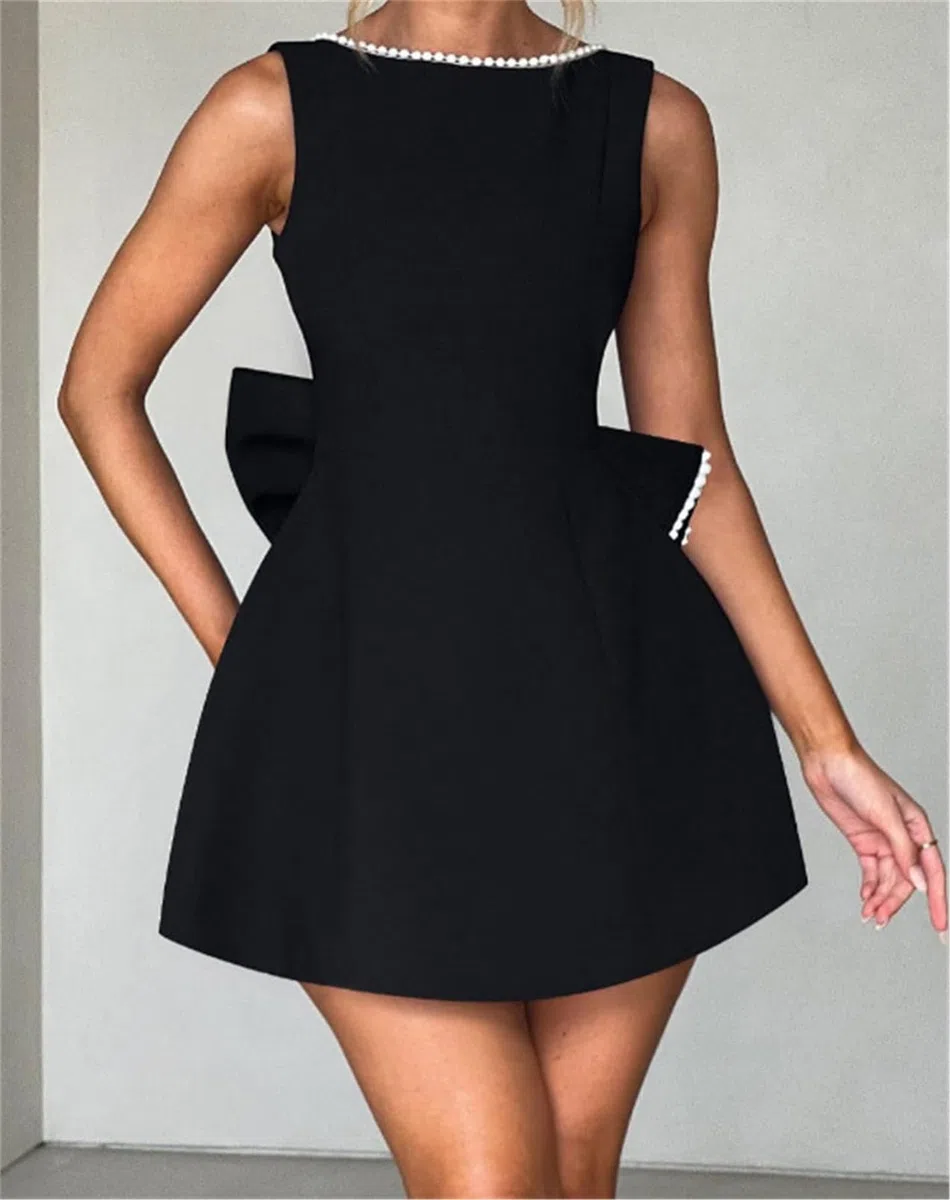 Vestido de verano para mujer, sin mangas, con lazo, perla, corto, sexy, delgado, sin mangas, espalda abierta, mini vestidos formales