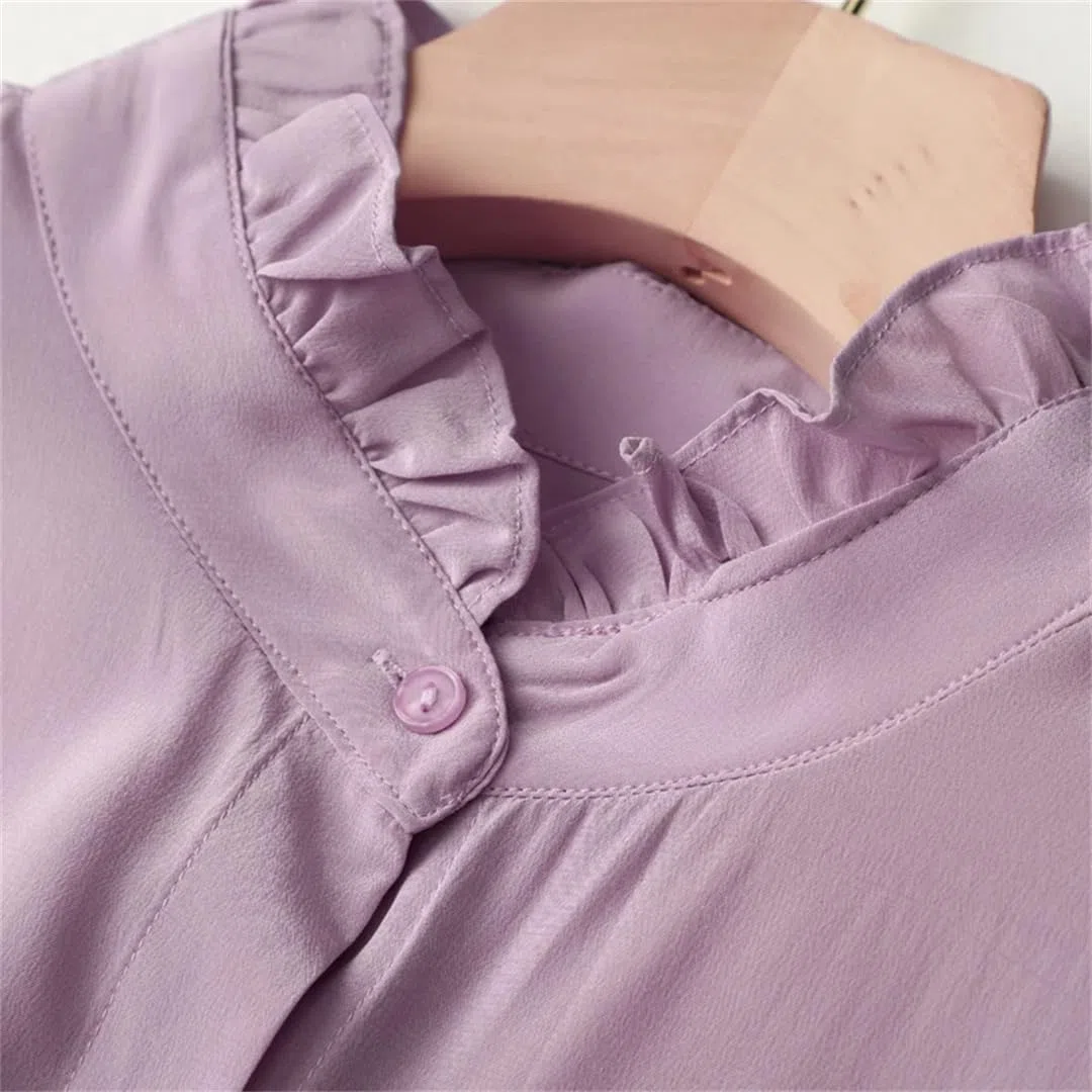 Disimlarl Blusa de seda de morera para mujer, color liso, de manga larga, para oficina, trabajo, camisas casuales