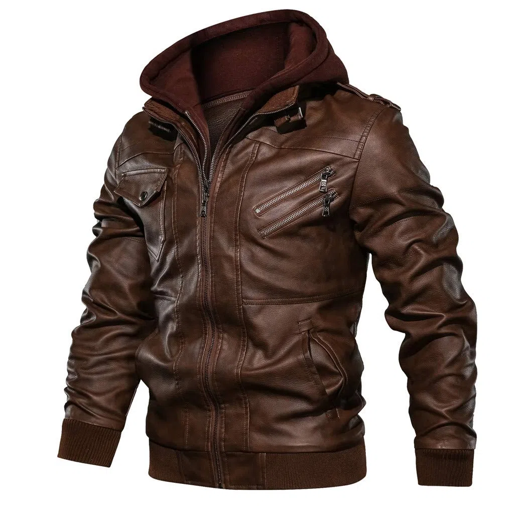 Chaquetas de cuero con hombros descubiertos para hombre, con capucha desmontable, piel sintética, sombrero de otoño, abrigo de invierno, abrigos para hombre, chaquetas utilitarias con tirantes