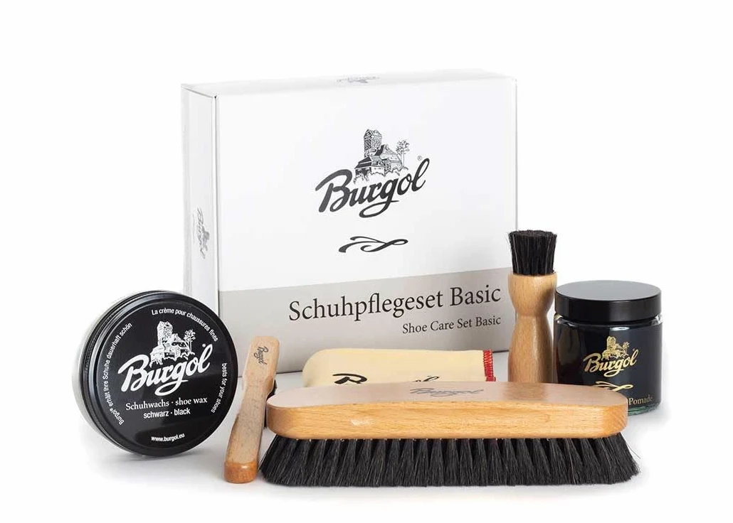 Burgol Set básico para Limpieza Zapatos, Cuidado del Calzado con Pomada, Cera, Cepillos de Crins y Paño de Pulido: Color Verde, 34-50