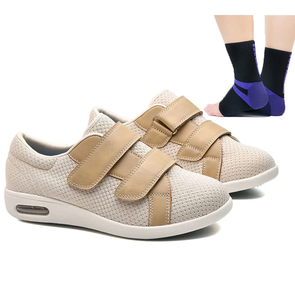 Zapatos Ortopédicos Diabéticos Mujeres Ajustable Edema Zapatos Hinchados Transpirables Antideslizantes Zapatos para Caminar para Mayores Zapato Vendaje Ortopédico,Caqui,38EU