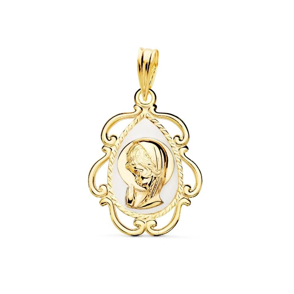 Virgen Niña Medalla en Oro de 18k para Primera Comunión 22mm. esmaltada blanco calada