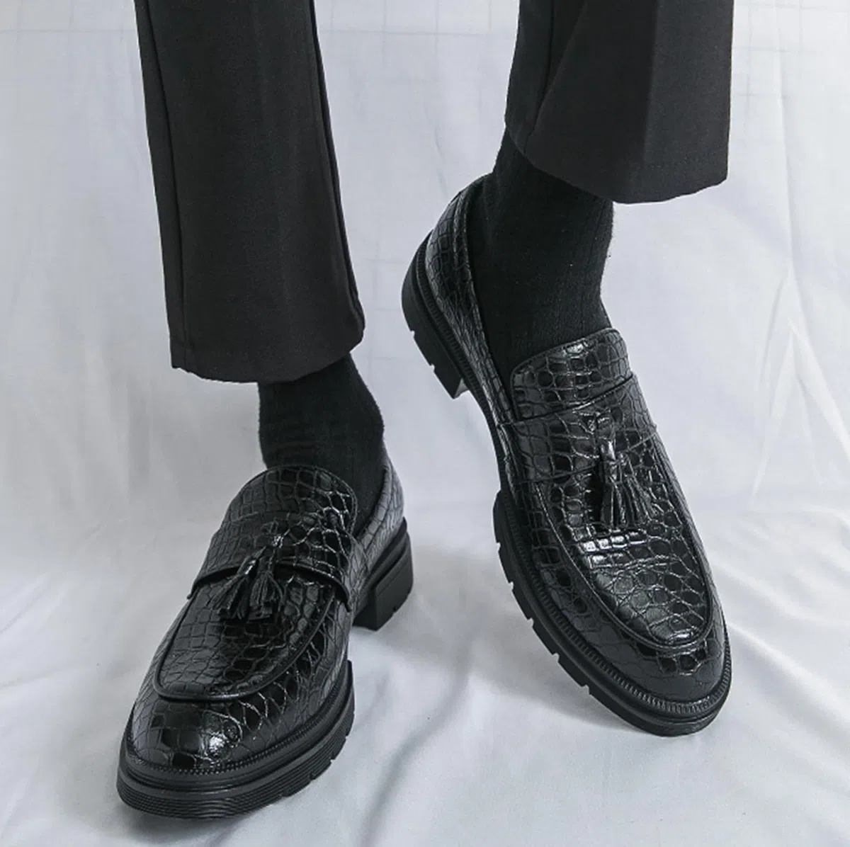 Mocasines con Borlas para Hombre Zapatos de Vestir Piel Sintética PU Cocodrilo Elegantes Casual Negocios