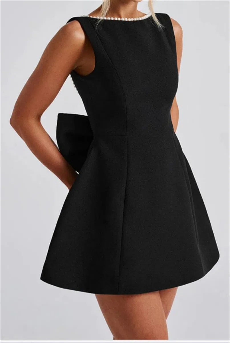 Vestido de verano para mujer, sin mangas, con lazo, perla, corto, sexy, delgado, sin mangas, espalda abierta, mini vestidos formales