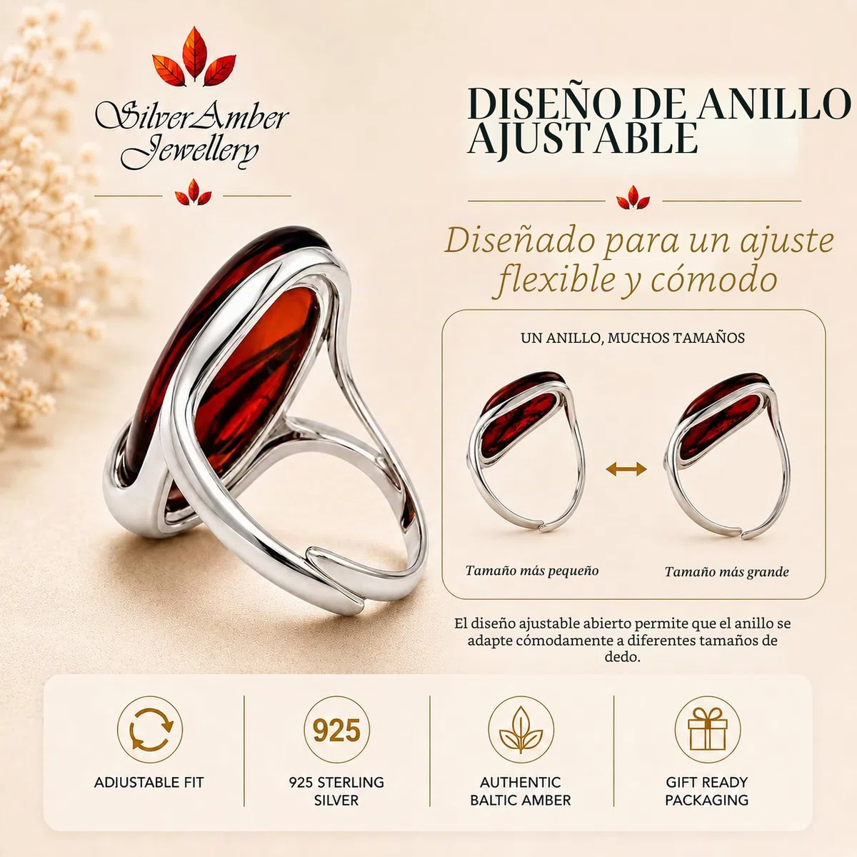 Anillo ajustable grande de plata de ley 925 y ámbar báltico - GL423