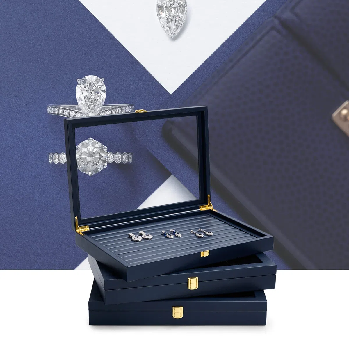 Bandeja Para Joyas 12 Compartimentos, Caja De Almacenamiento De Cuero Con Tapa Transparente - Joyero Con Cerradura Para Colgantes, Collares Y Joyas (azul)