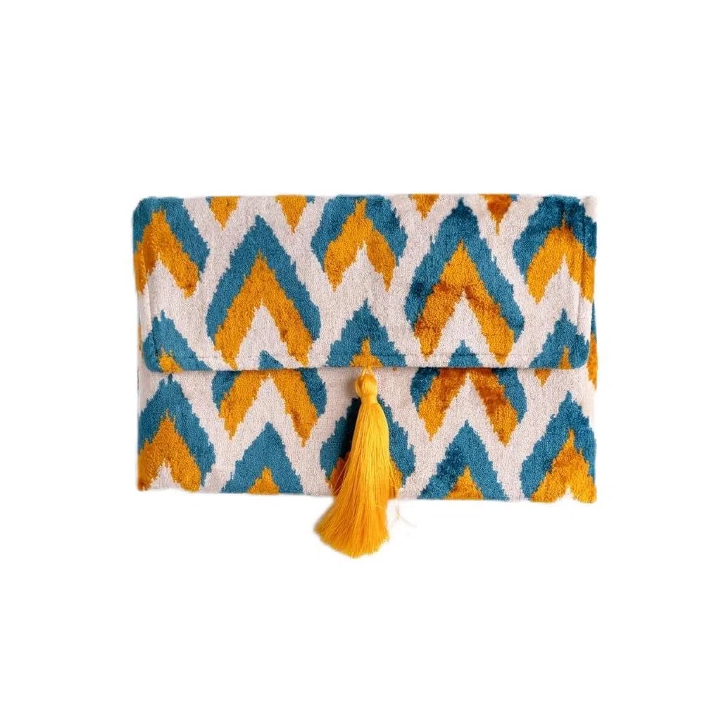 Bolso Ikat de terciopelo de seda hecho a mano, estilo sobre, diseño bohemio, patrón étnico, opción de correa de cadena, bolso de mano de fiesta de noche, bolso de mano de alta calidad, color