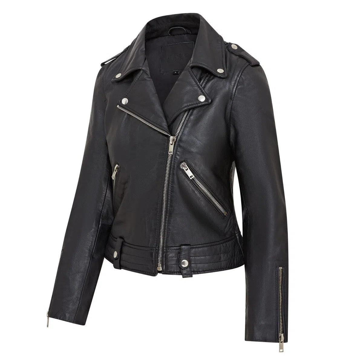 Infinity Leather Chaqueta de Cuero Estilo Motero Brando Clásica Negra Para Mujer