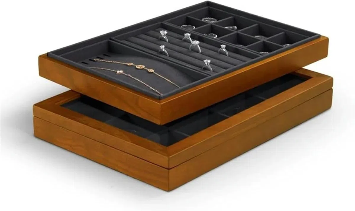 Caja organizadora de Joyas de Madera para Anillos, Cajas Grandes con Tapa Transparente, Almacenamiento apilable de Madera Maciza para Joyas~/ (Gris Oscuro DA)