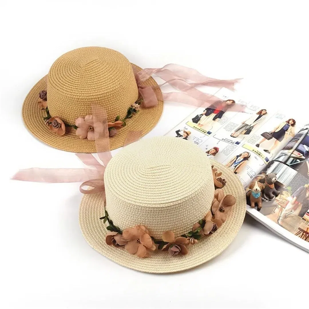 Sombrero para el Sol para Mujer, Sombrero de Cubo, Sombrero de Paja con Parte Superior Plana y Lazo de Encaje Beige de Verano (21244 Mujeres 56, Talla única 58 cm)