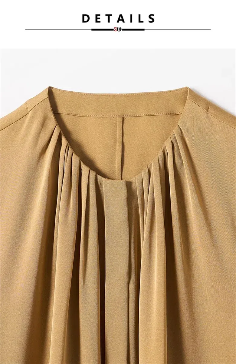 Camisas lisas para mujer, plisadas, cuello redondo, manga larga, camisa de gasa para oficina y trabajo