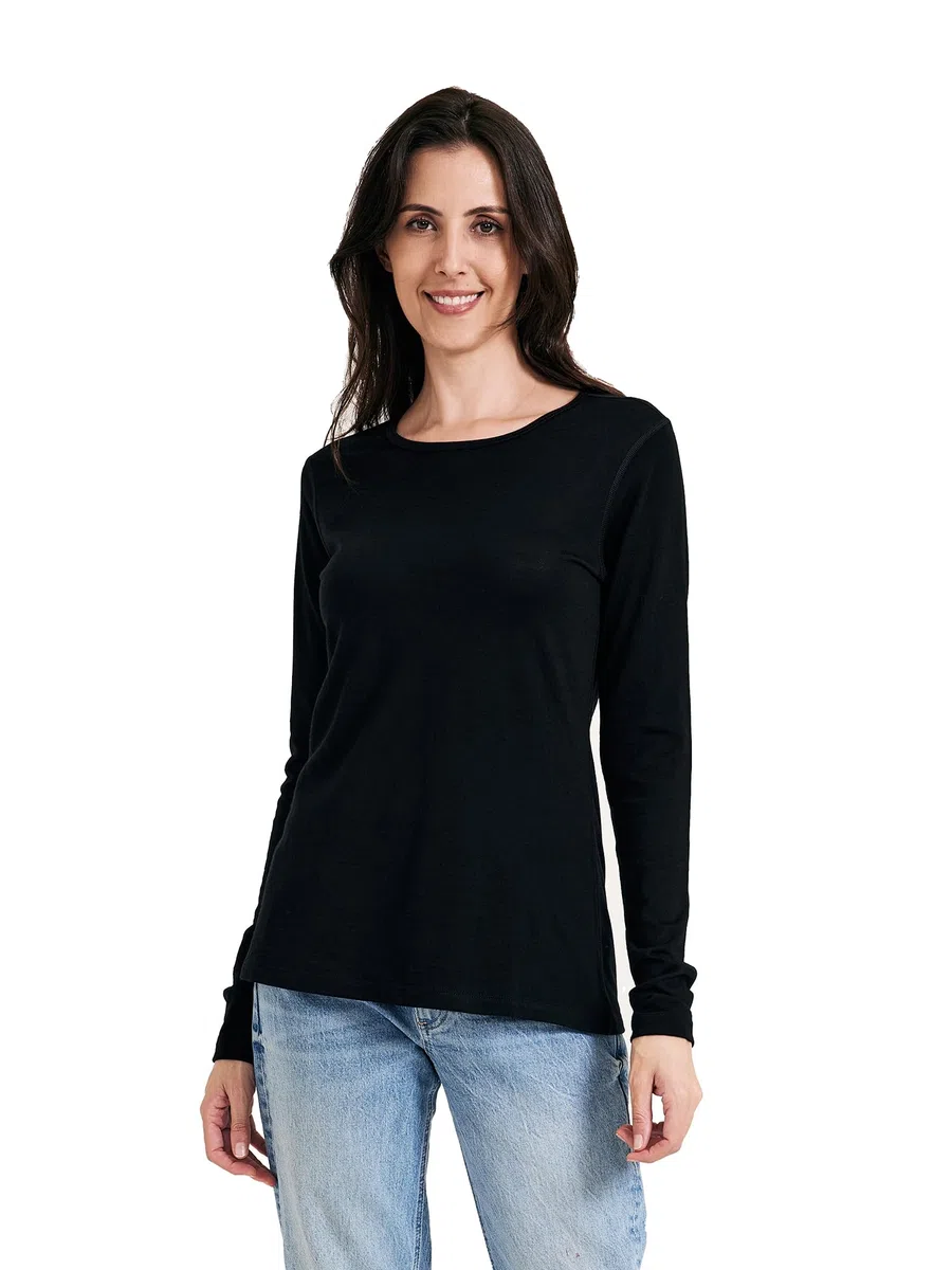 Camiseta térmica de manga larga para mujer, 100 % lana merina, cuello redondo, informal, para senderismo, viajes, esquí