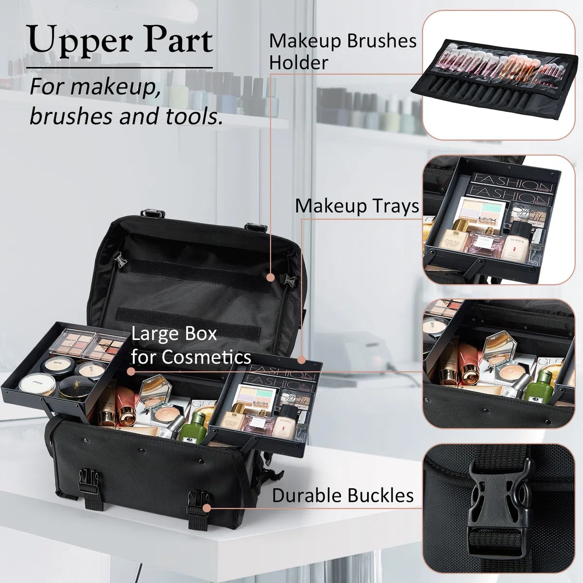 Maleta Maquillaje Profesional 2 en 1 Maletin Maquillaje con 8 cajones Maleta Cosmético Trolley Maquillaje con Ruedas Caja de Maquillaje Maletín de Uñas, Negro
