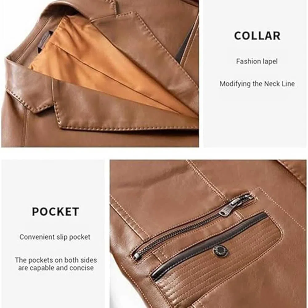 Chaqueta blazer de cuero para hombre, ajuste regular, abrigo de negocios de piel de cordero, con forro de botones, estilo motocicleta con múltiples bolsillos
