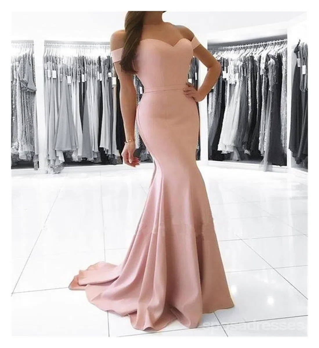 Vestidos de Dama de Honor Vestidos de Dama Honor Azul Real, Vestidos Sirena for Fiesta Bodas, satén, Escote en V, Hombros Descubiertos, Mangas Cortas para la Noche(Deep Blue,16W)