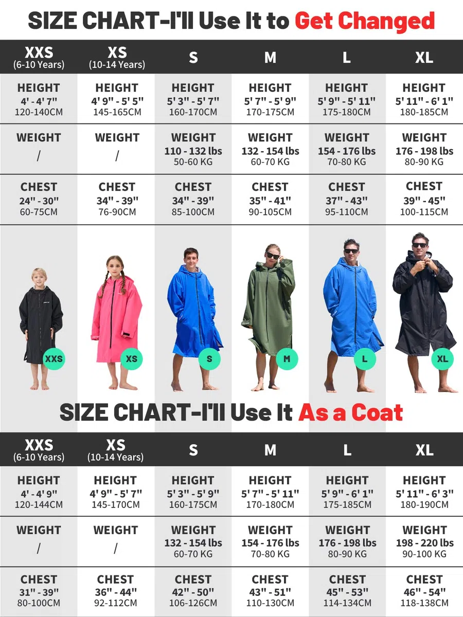 Owntop Bata Impermeable de Cambio para Adultos y Niños - Bata de Playa Seca y Ligera con Forro de Felpa Caliente | Abrigo con Capucha y Manga Murciélago de Gran Tamaño | Para Surf y Natación