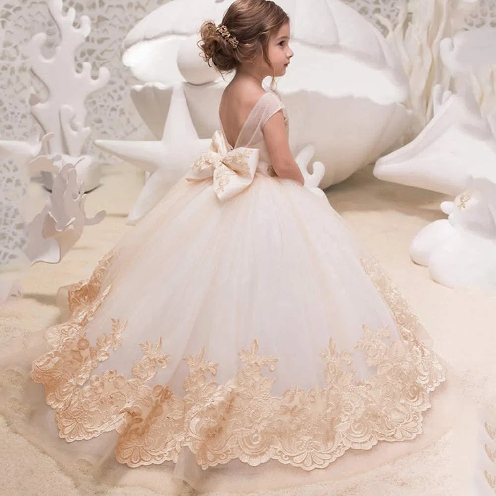 PLWEDDING apliques de encaje de fantasía vestido de niña de flores vestido de novia niñas princesa vestido de bola de tul