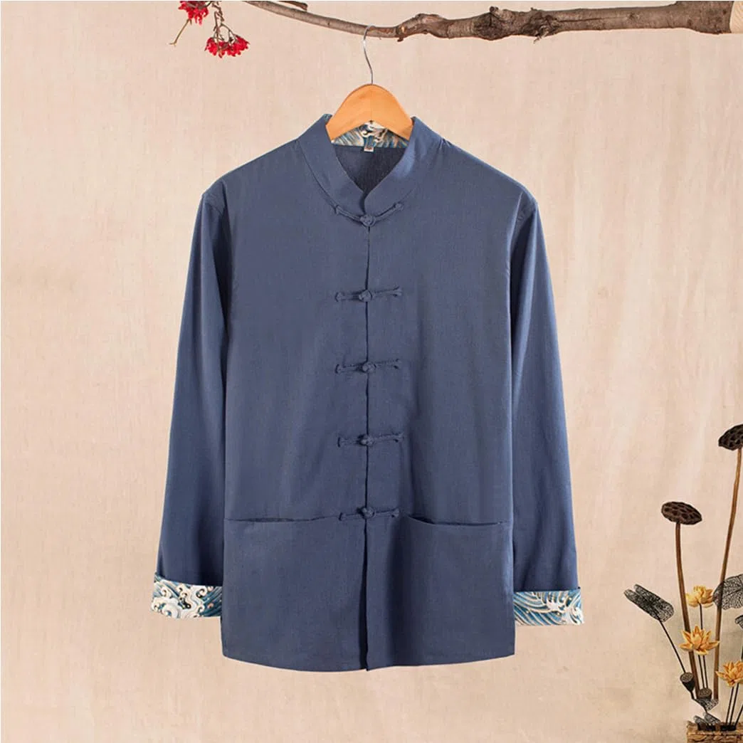 GVILTY Cotton Linen Tang Traje de Ropa Tradicional China, Ropa Kung Fu Tops Jaqueta de Arte marcial de Arte marcial Abrigos de Manga Larga Tai chi Ropa para Personas mayore blue-4XL