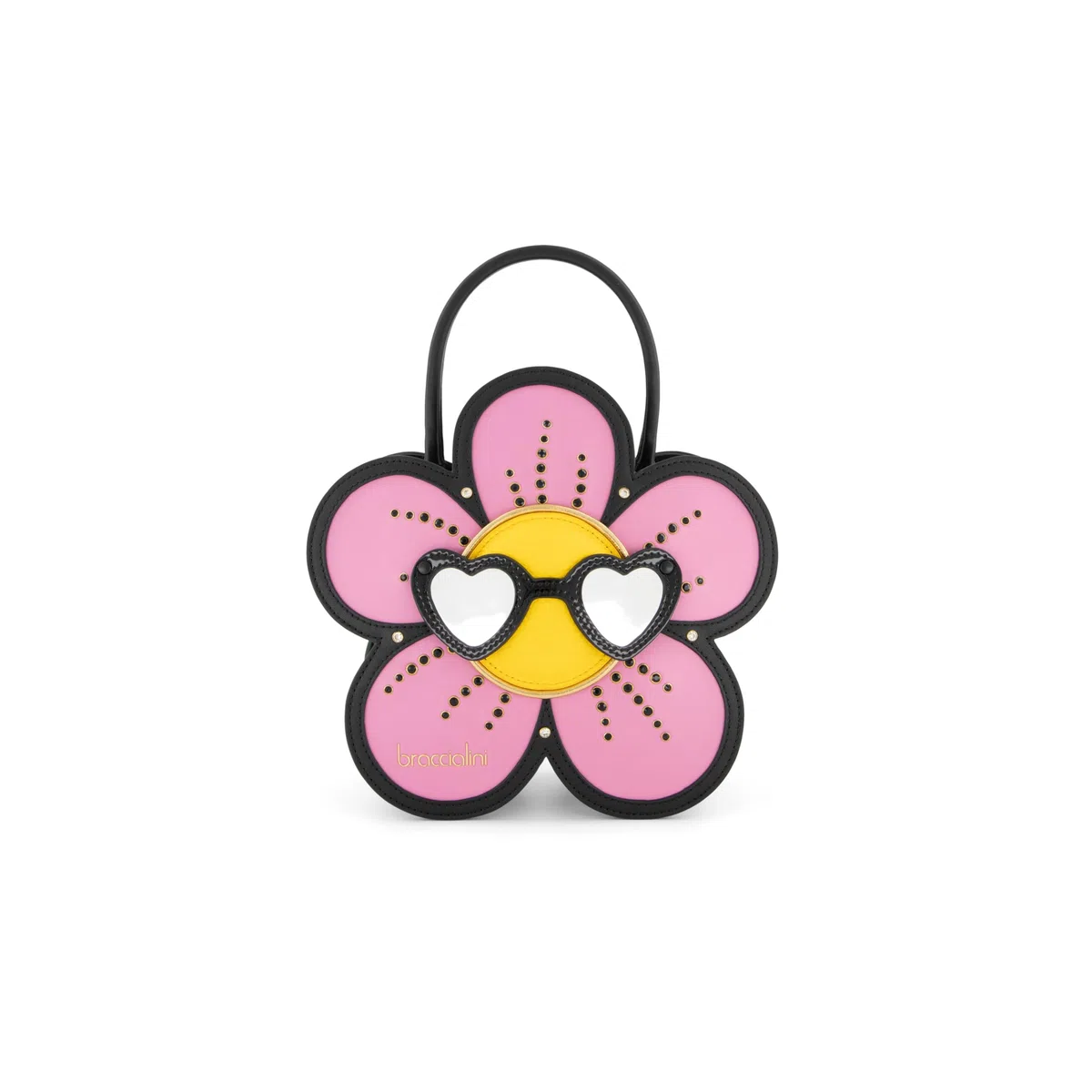Braccialini Temini Bolso de mano de piel con silueta de margarita, diseñado para aportar un toque de ironía y color a cada look. Los pétalos rosas con detalles negros y pequeños cristales brillantes