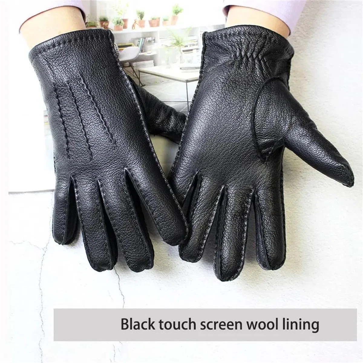 Guantes de piel de ciervo auténtica para hombre, con forro de lana, cálidos, térmicos, para conducir, motociclismo, a la moda