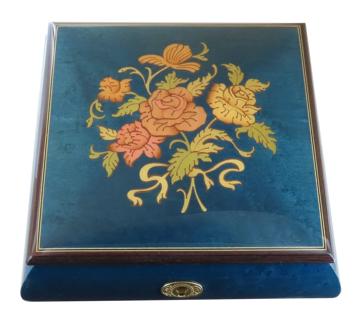 Joyero musical / caja de música para joyas de madera teñida de azul con marquetería ramo de flores y mecanismo musical de resorte de 18 notas - La vie en rose - La vida en rosa (Louiguy / Edith Piaf).