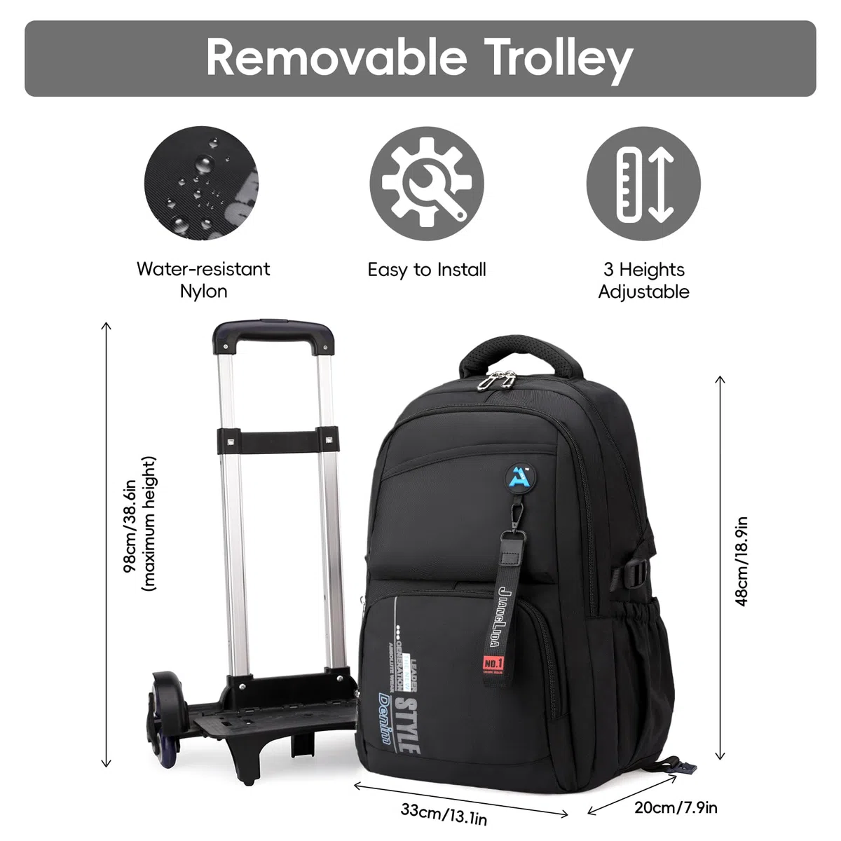 Tanou Mochila con Ruedas para Adolescente, Mochila Instituto Chico de 36 Litros Impermeable, Mochila Trolley Escolar Grande con Carrito Desmontable para Viaje