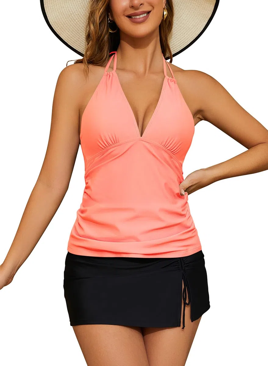 SHEKINI Traje de baño con Control de Barriga, Tankini Top con Falda Inferior, Traje de baño para Mujer de 2 Piezas