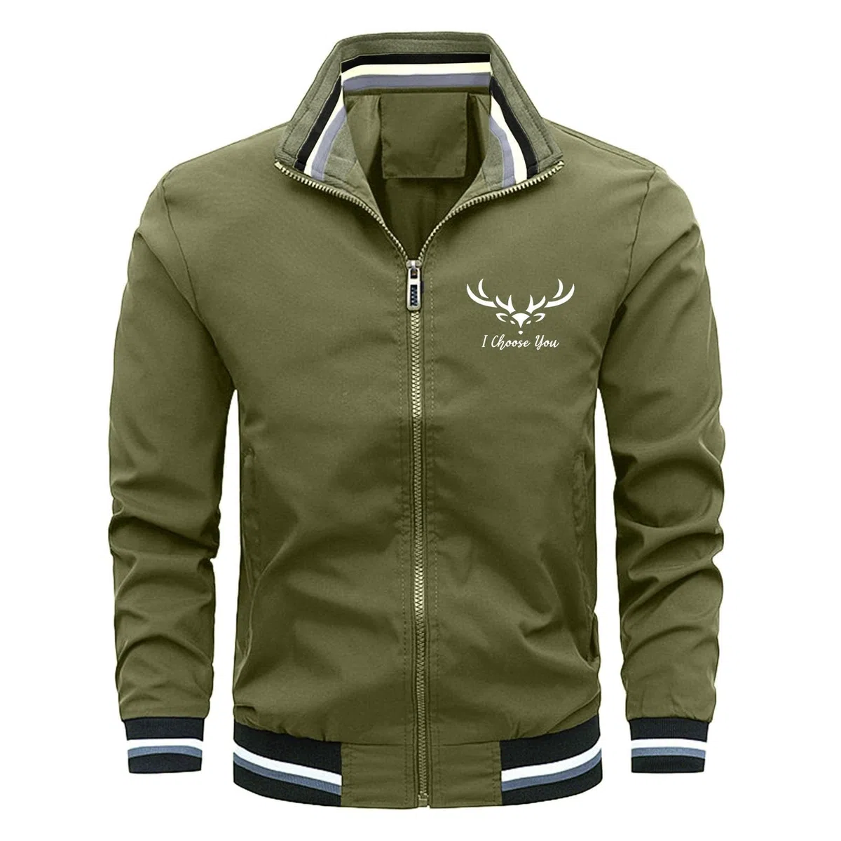 Chaqueta bomber para hombre con cremallera, elegante chaqueta informal con estampado de ciervo y puños de contraste, chaqueta ligera de entretiempo para el día a día y el tiempo libre