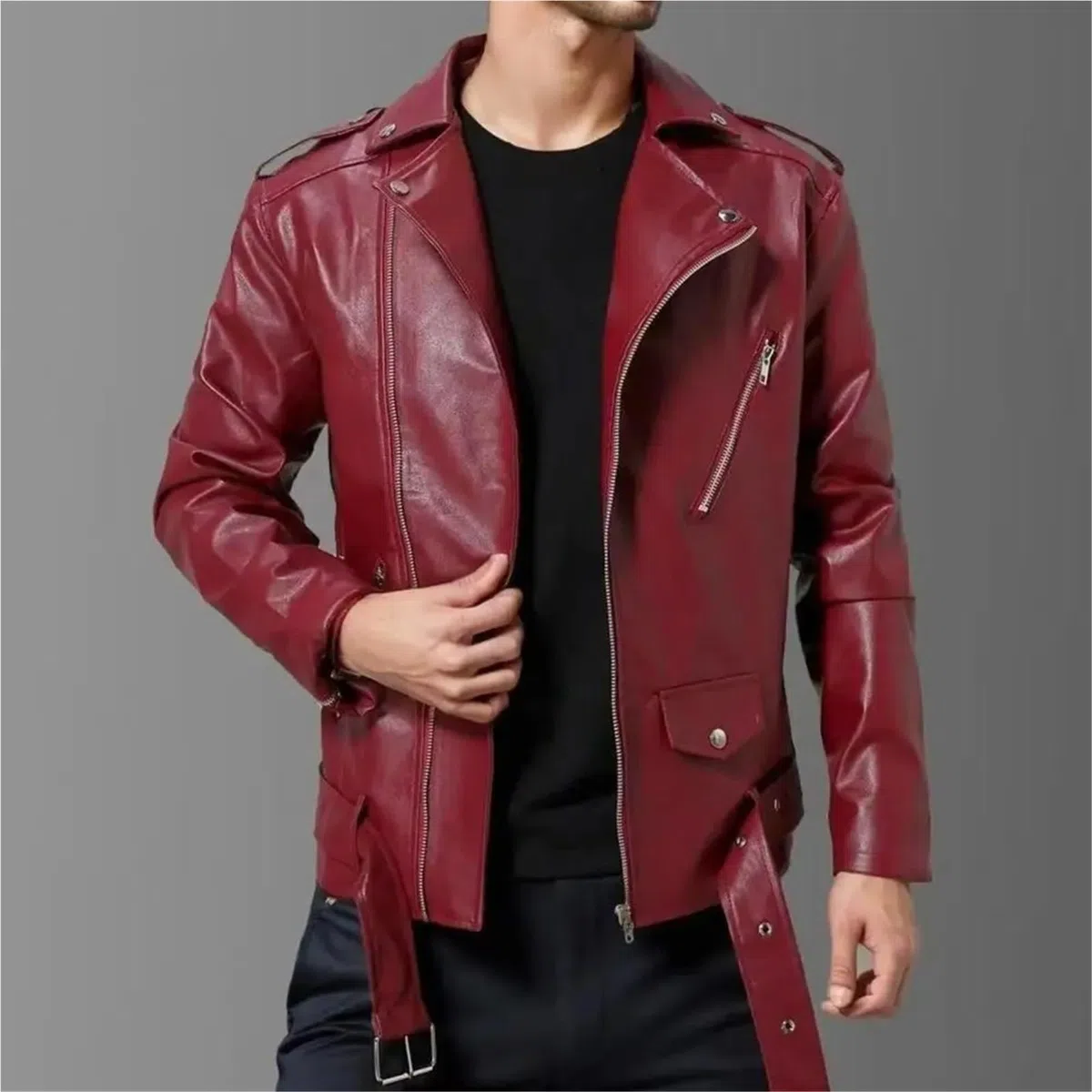 Chaqueta Cuero Mujer Chaqueta de piel sintética for hombre, estilo moderno, corte entallado, con cremallera diagonal y ajuste cinturón Para salir