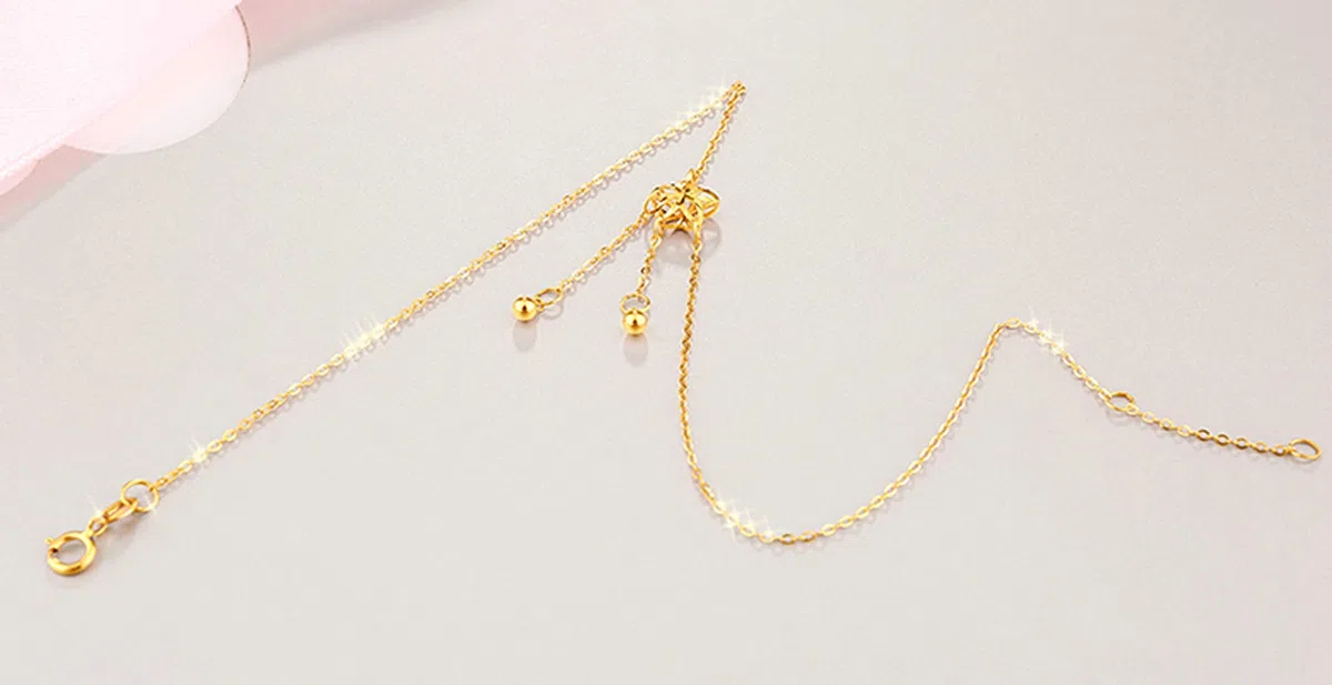 Tobillera de Oro Amarillo de 18 Quilates para Mujer, Tobillera con Cuentas de Flores, Cadena de 9,5 Pulgadas
