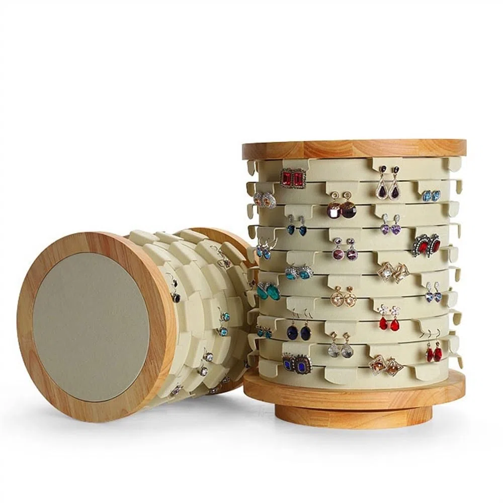 Expositor de Joyas Giratorio de Madera Maciza para Pendientes, Gran Capacidad, Organizador de Almacenamiento (Blanco)