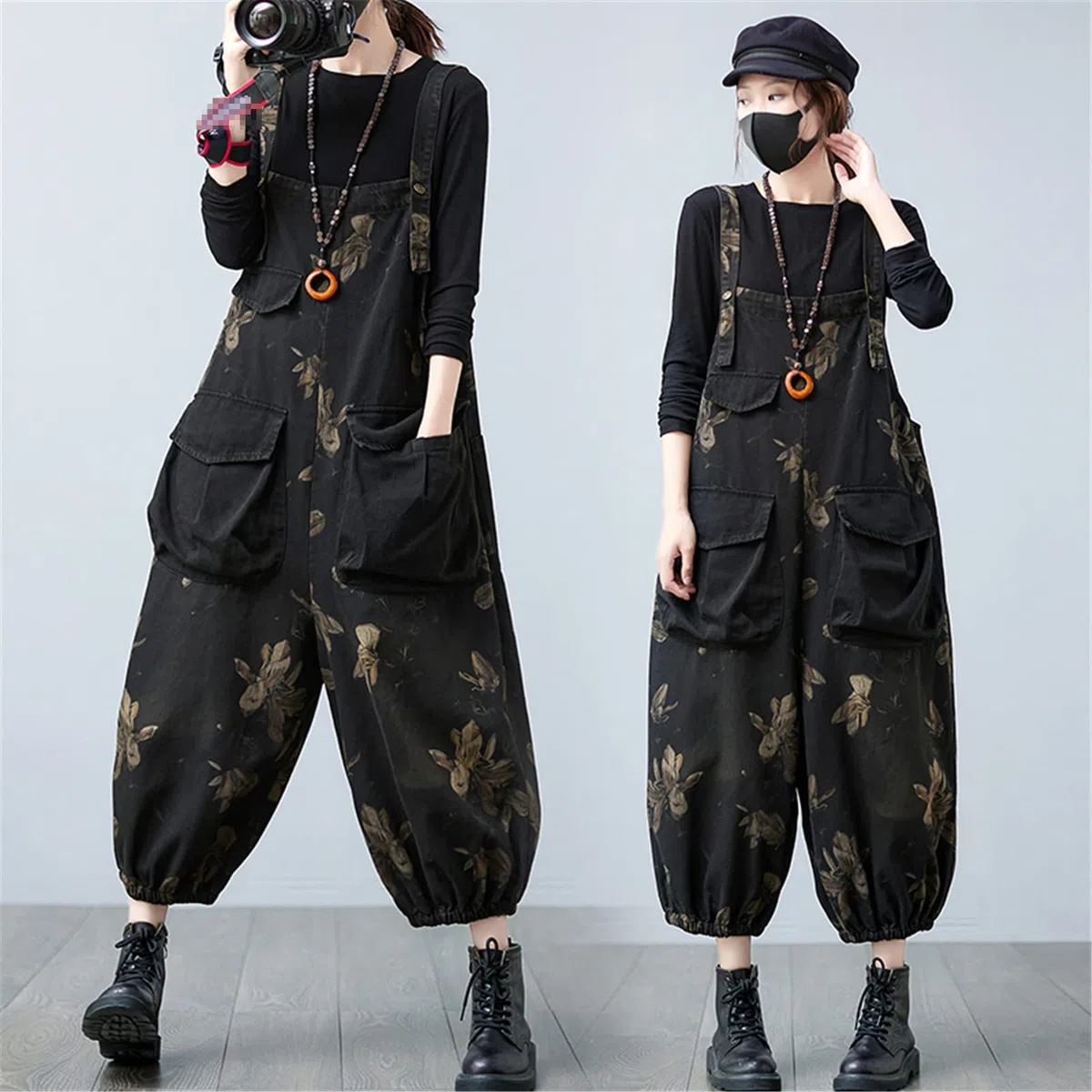 Monos de las mujeres con estampado floral de Jean overoles grandes bolsillos de pierna ancha pantalones de mezclilla con correa mamelucos, Negro, M largo