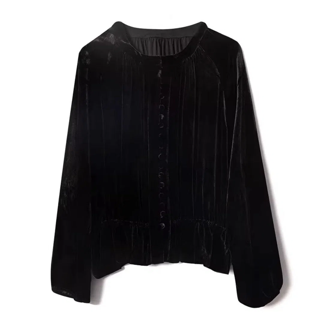 Camisa retro de manga larga de seda con cuello redondo y hebilla de una sola fila para mujer