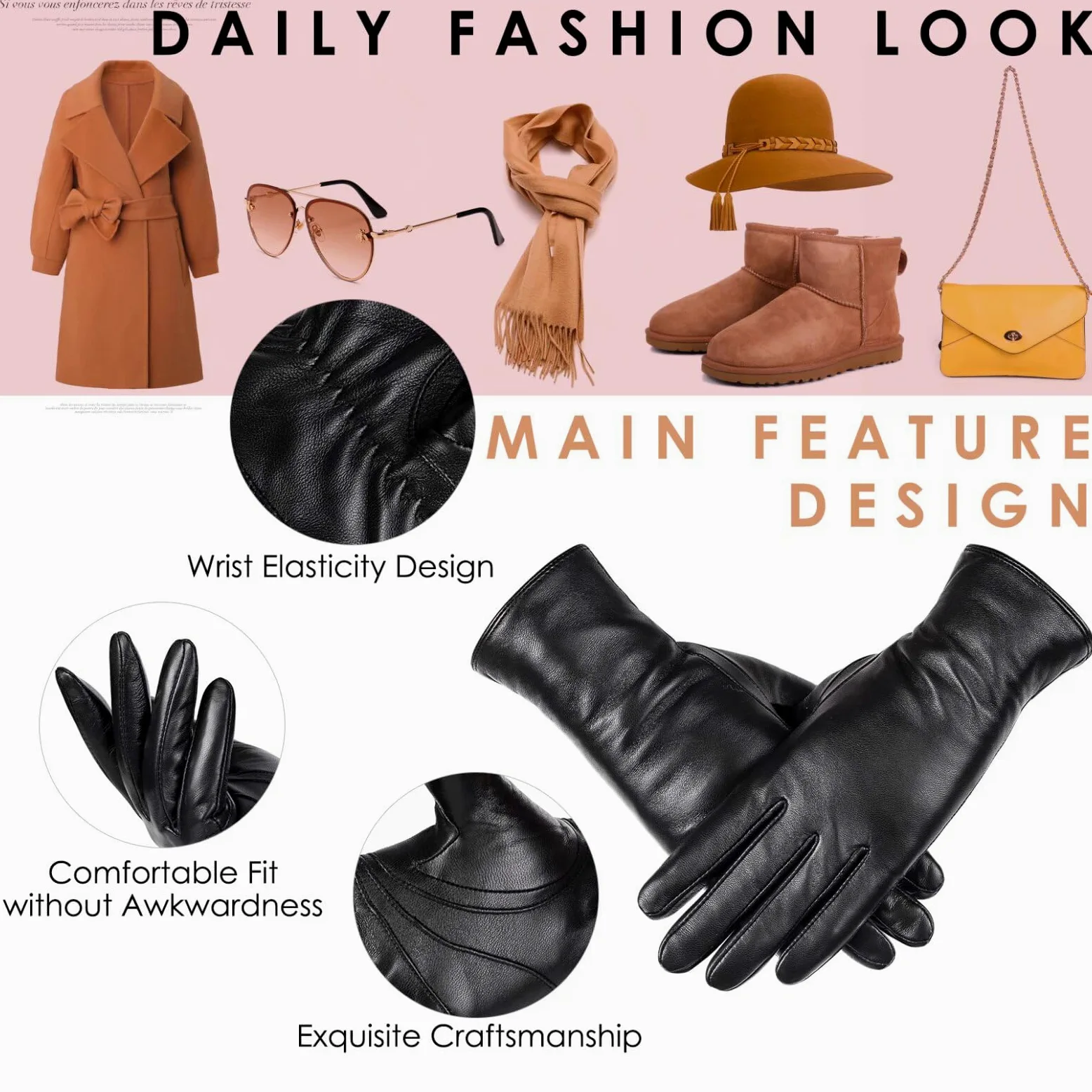 Guantes de invierno de piel de oveja para mujer, guantes de pantalla táctil con forro térmico de cachemira, guantes de conducción de moda, Negro -, S
