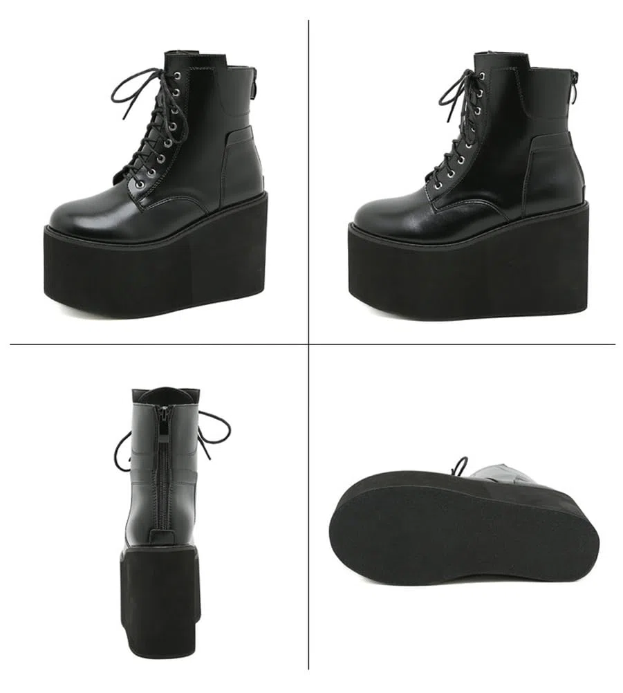 Botines De Plataforma De Tacón Alto De Cuña para Mujer con Cordones Botas Militares Punk Góticas con Cremallera