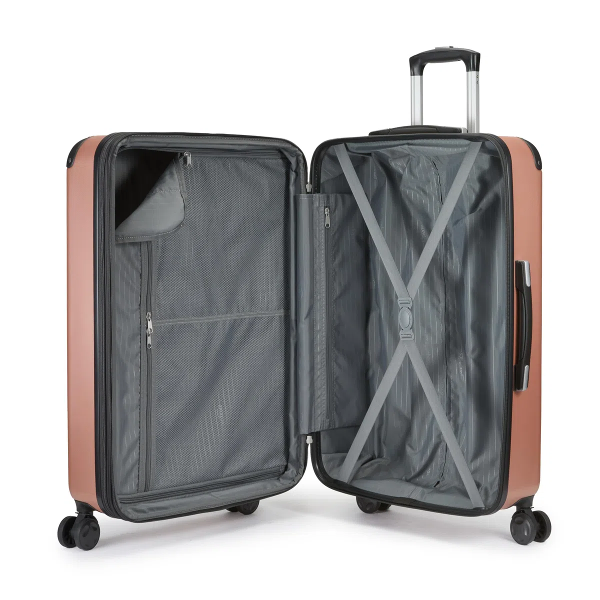 Amazon Basics Equipaje de Mano rígido con Ruedas, Juego de 4 Unidad, Maleta Grande, Bolsa de Mano y Viaje compacta, Ampliable, 4 Ruedas giratorias, Oro Rosa